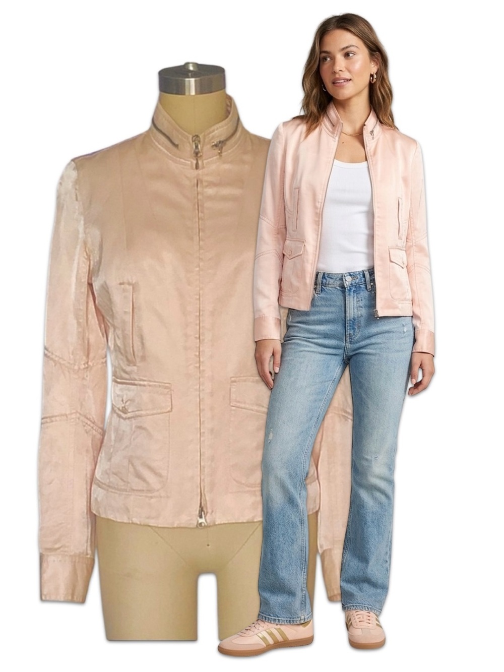 Express Vintage Y2K Satin Utility Cargo Bomber Jacket Peach Pink Small
